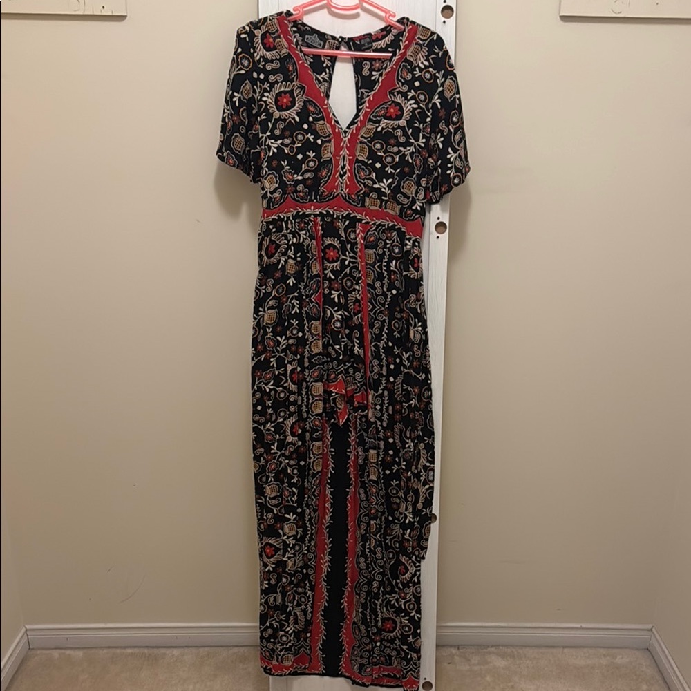 ANGIE Floral Black and Red Short Romper with Train